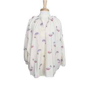 J. Jill Oversized Split-Neck Top White Blouse with Paisley Print Size XL